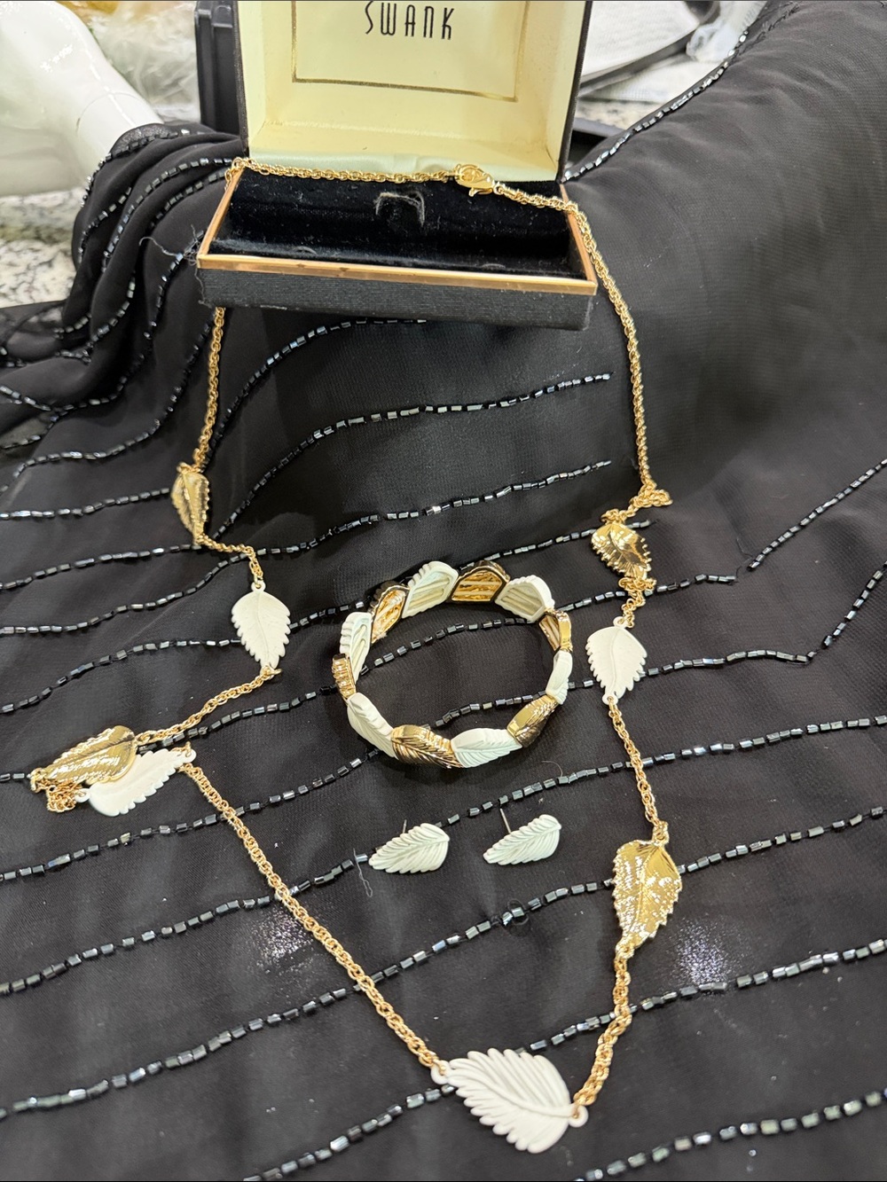 SWANK Gold and White Leaf Necklace, Bracelet & Earring Set